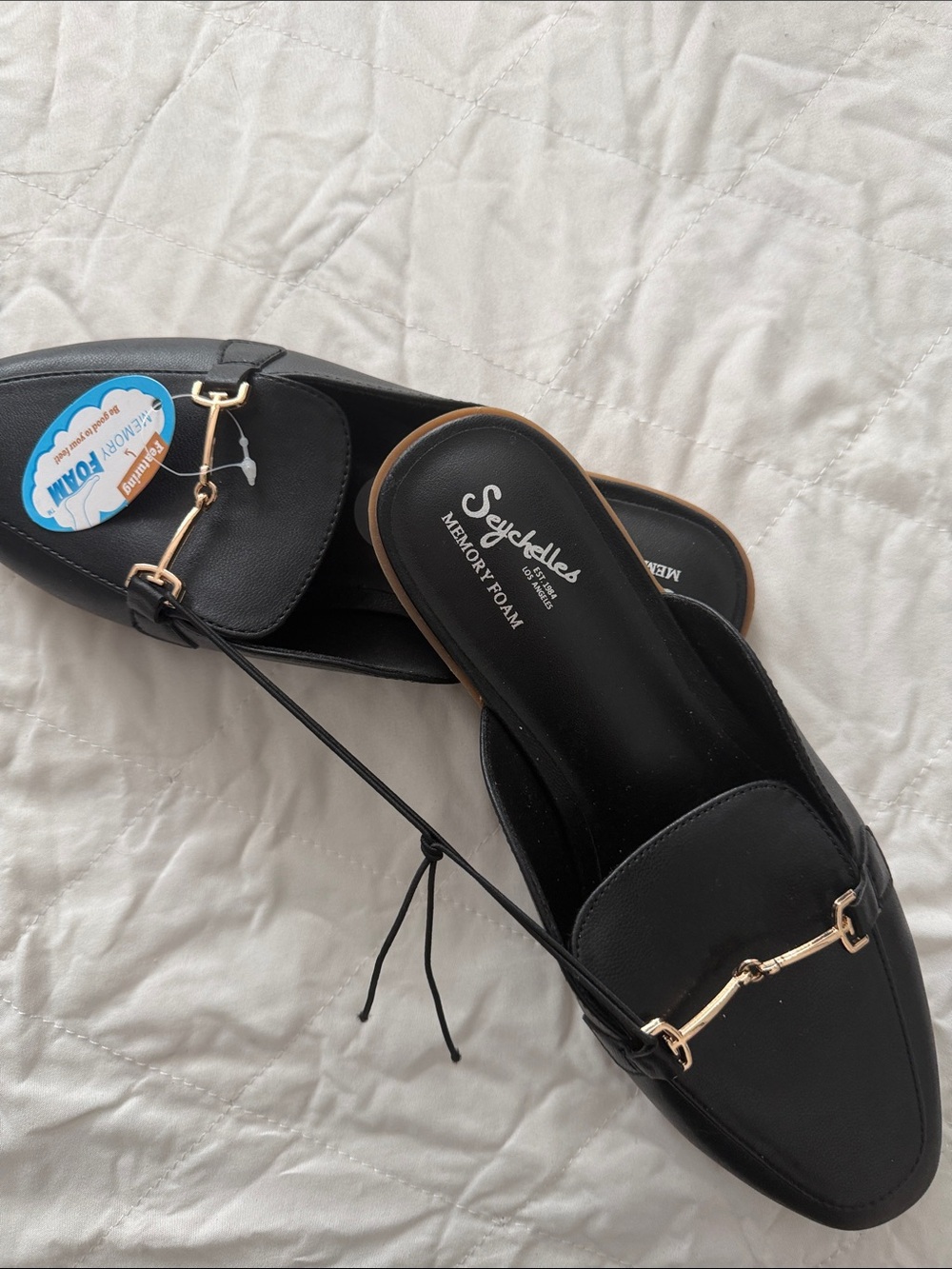 Seychelles Black Faux Leather Slide Mules with Gold Bit